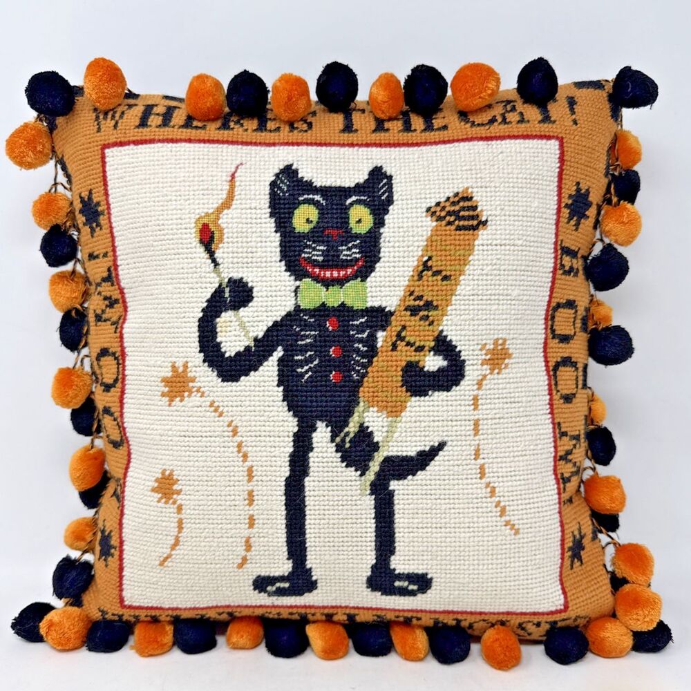 VTG Wool Needlepoint Halloween Pillow BOOM Wheres The Cat Fireracker 14" Pom Pom